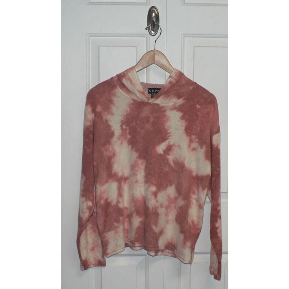 CENY Womens Cozy Brushed Knit Long Sleeve Pullover Hoodie in Rust Tie Dye XSmall